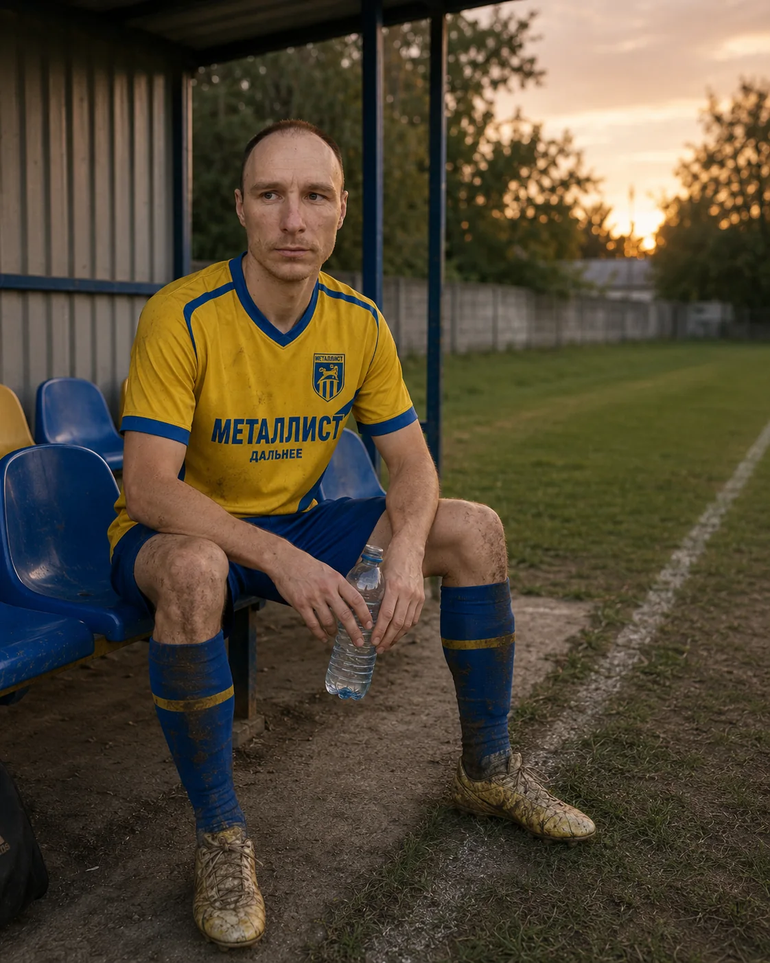 Football bench at sunset